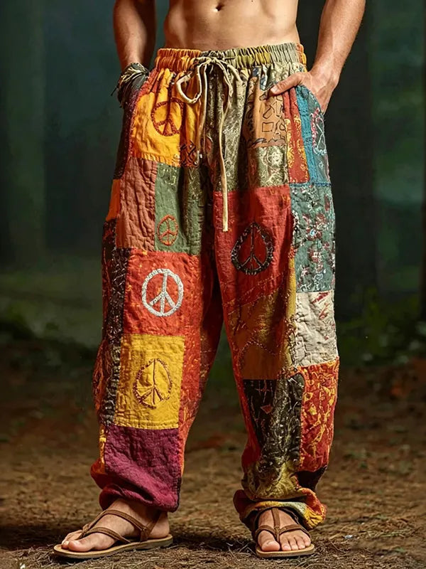 Men's Colorful Hippie Art Peace Sign Patchwork Print Casual Pants