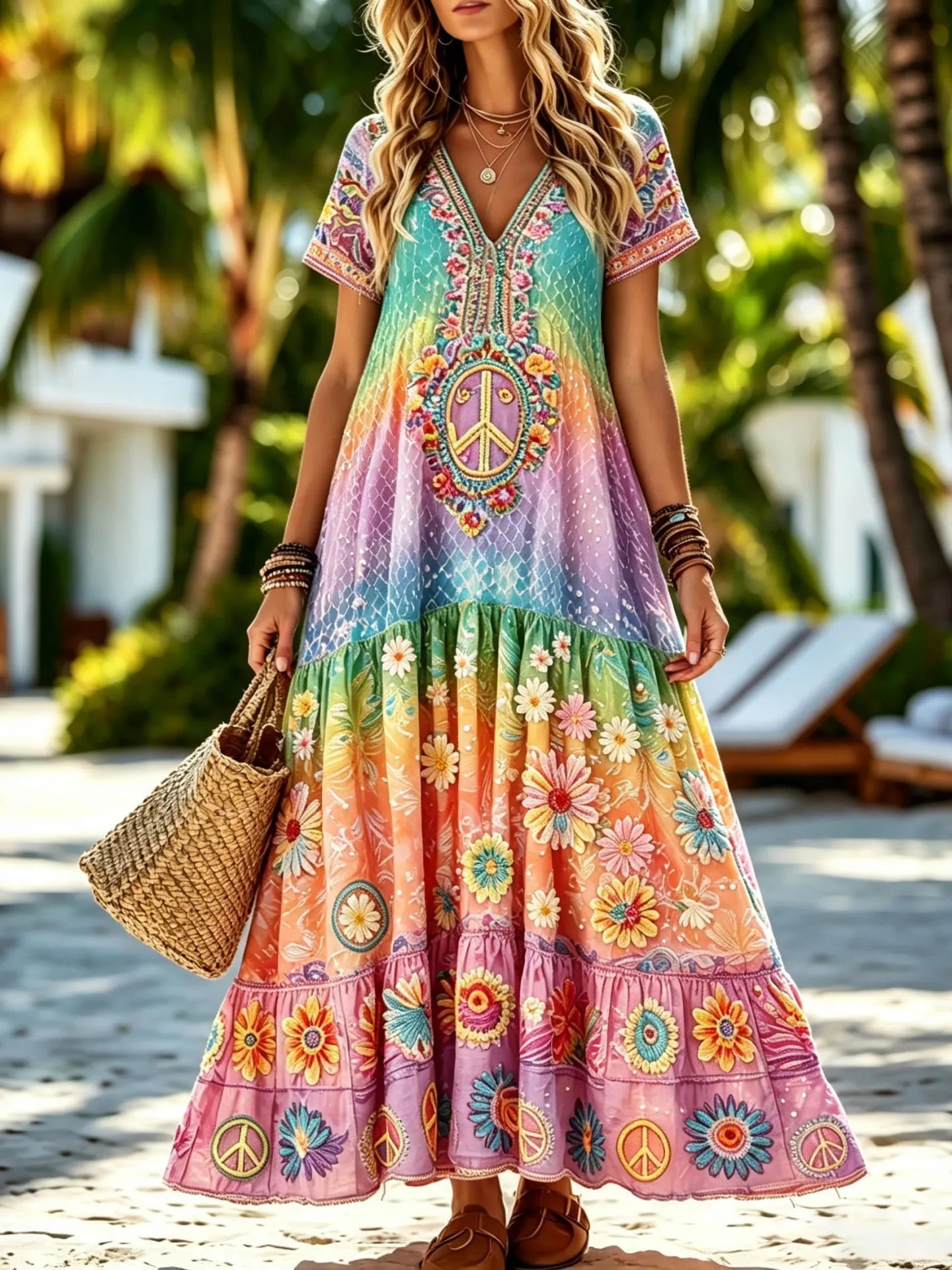 Women's Retro Hippie And Floral Gradient Casual Short Sleeve Maxi Dress
