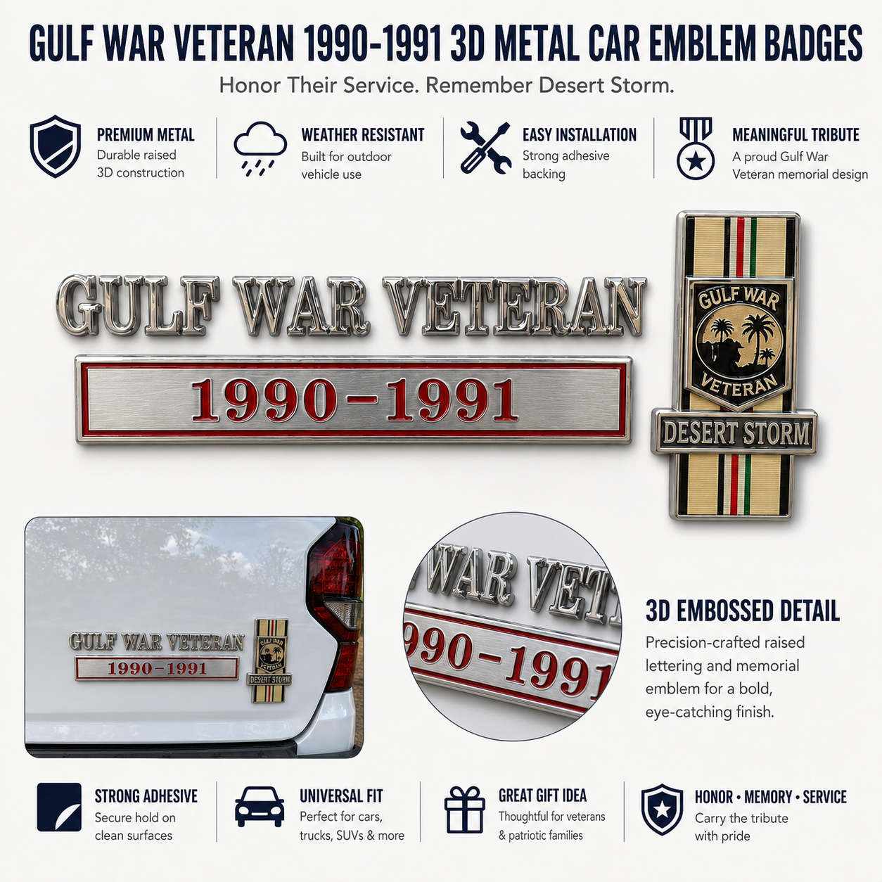🇺🇸 Gulf War Veteran 1990–1991 Desert Storm Car Emblem Metal Badge