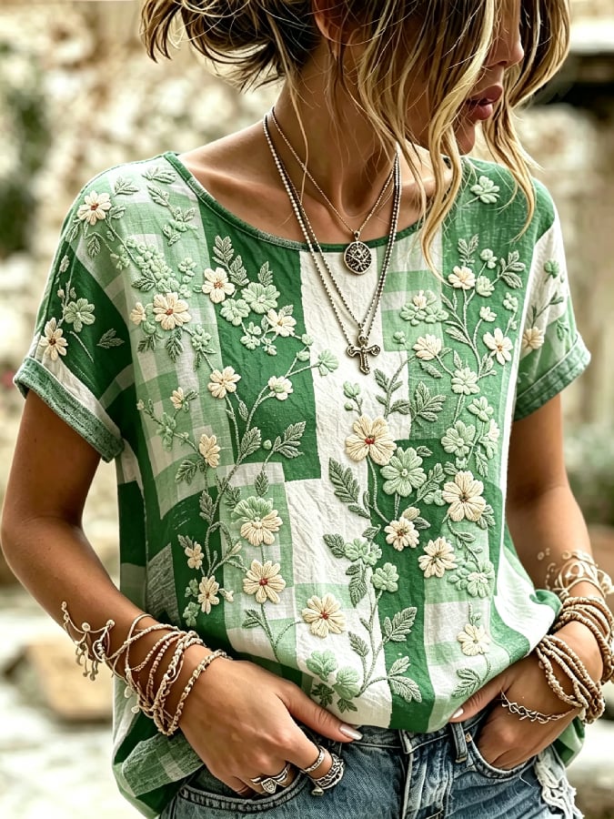 Women'S Casual Pink Floral Print Short-Sleeve Top