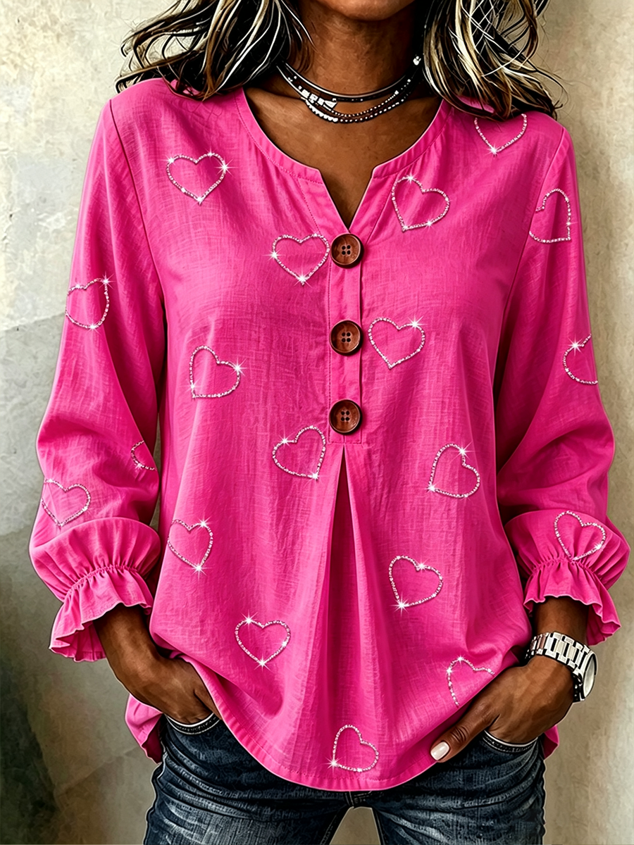 Women's Casual V-Neck Heart-Shaped Rhinestone Top