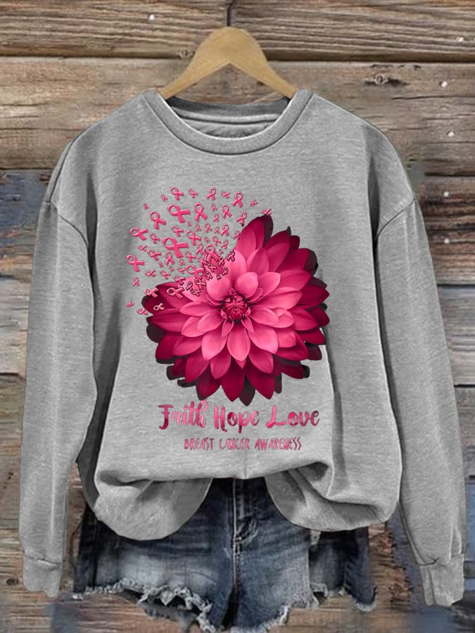 Women's Daisy Faith Pink Ribbon Breast Cancer Awareness Print Crew Neck Sweatshirt