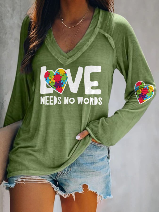 V-neck Retro Autism Awareness Love Needs No Words Print T-Shirt