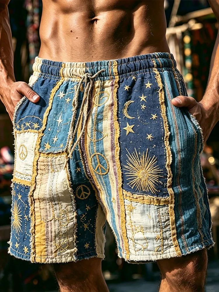 Men Vintage Boho Patchwork Star Moon Peace Sign Drawstring Shorts