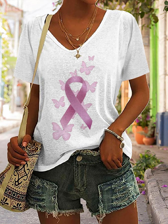 Women's Butterfly Breast Cancer Print Loose Short Sleeve T-Shirt