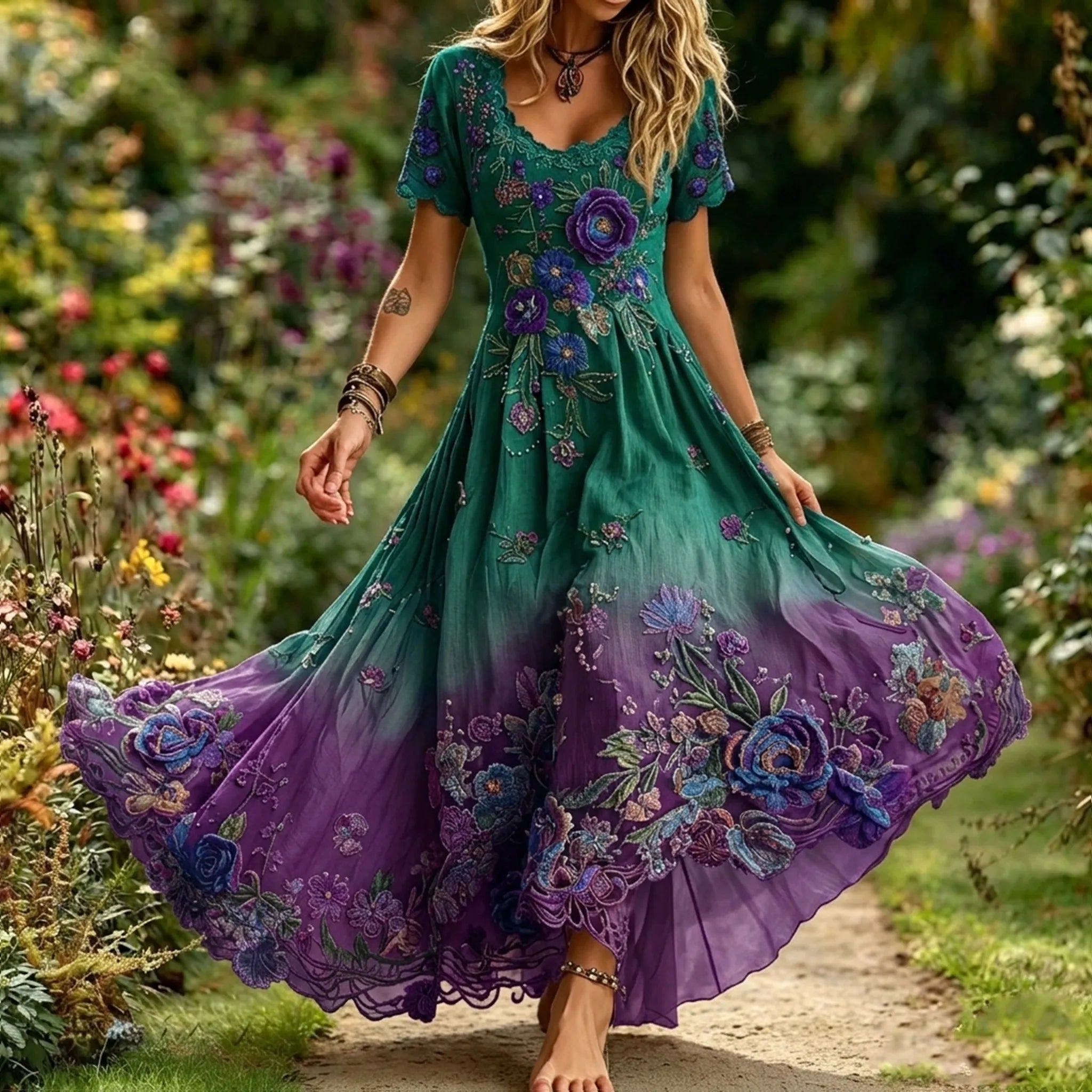 Women's Retro Bohemian Rose Gradient V-neck Dress
