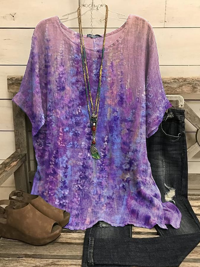 Women's Purple Floral Print Round Neck Casual Shirt