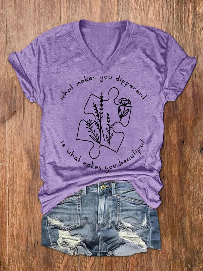 Women's What Makes You Different Is What Makes You Beautiful Autism Awareness V-Neck Tee