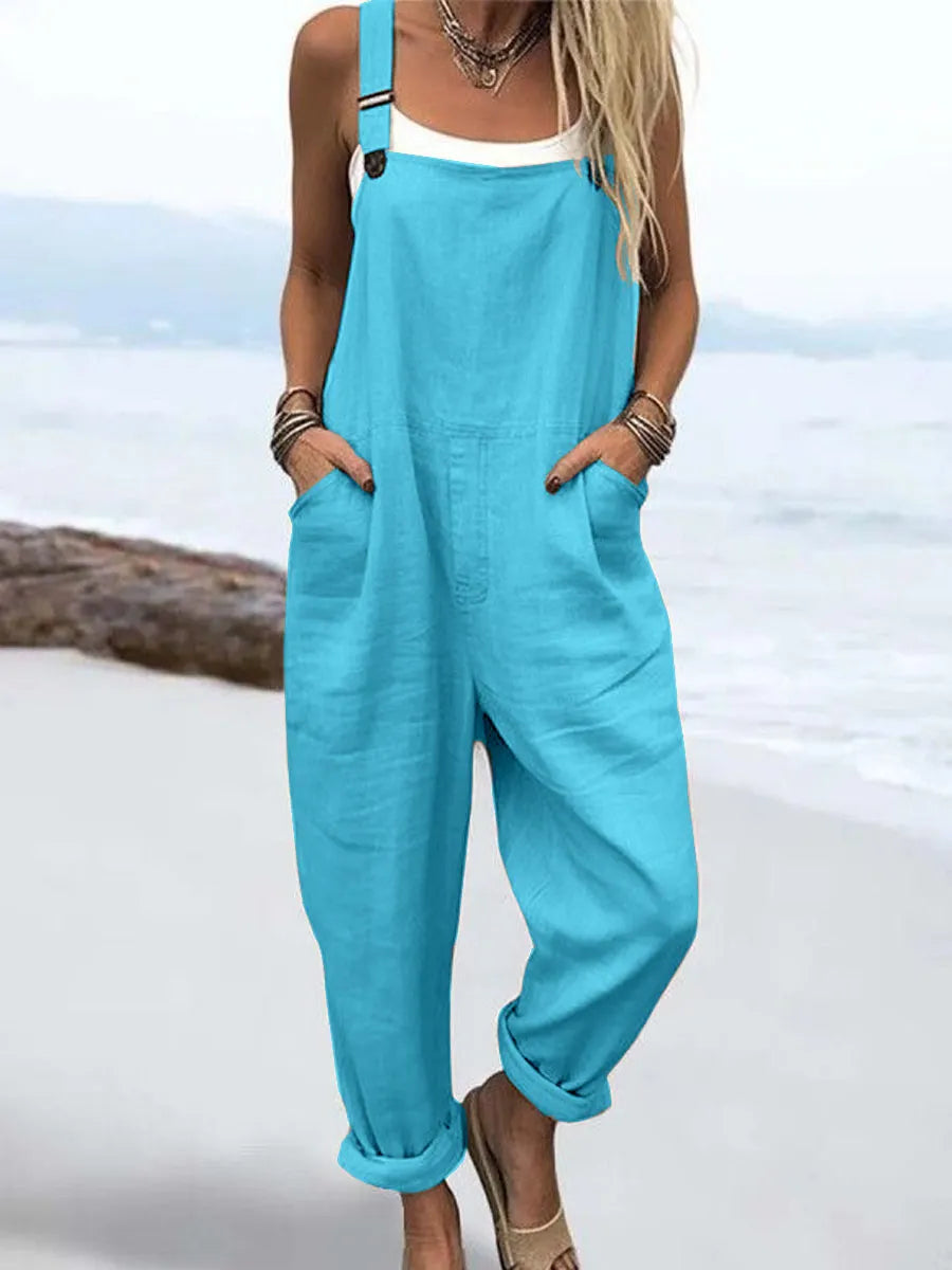 Wome's Vacation Retro  Casual Cotton Linen Wide Leg Jumpsuit