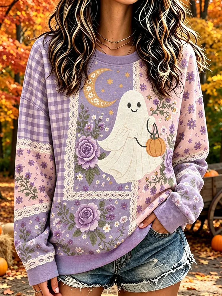 Women's Vintage Ghost Flower Patchwork Print Crew Neck Sweatshirt