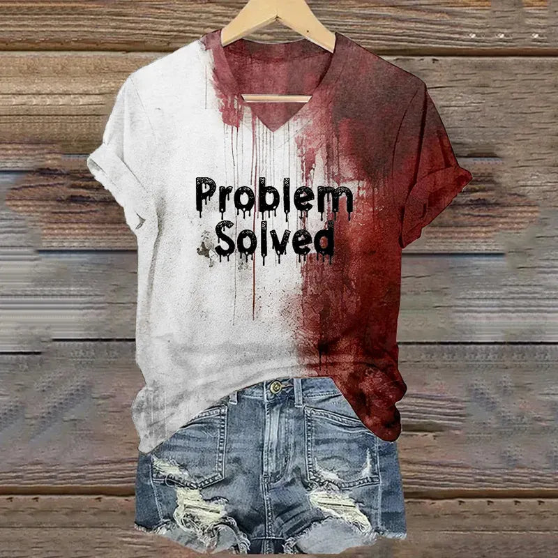 Women's Bloody Problem Solved Halloween Print V-neck T-shirt