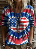 Independence Day Tie-Dye Heart-Shaped Retro Art Print Casual T-Shirt