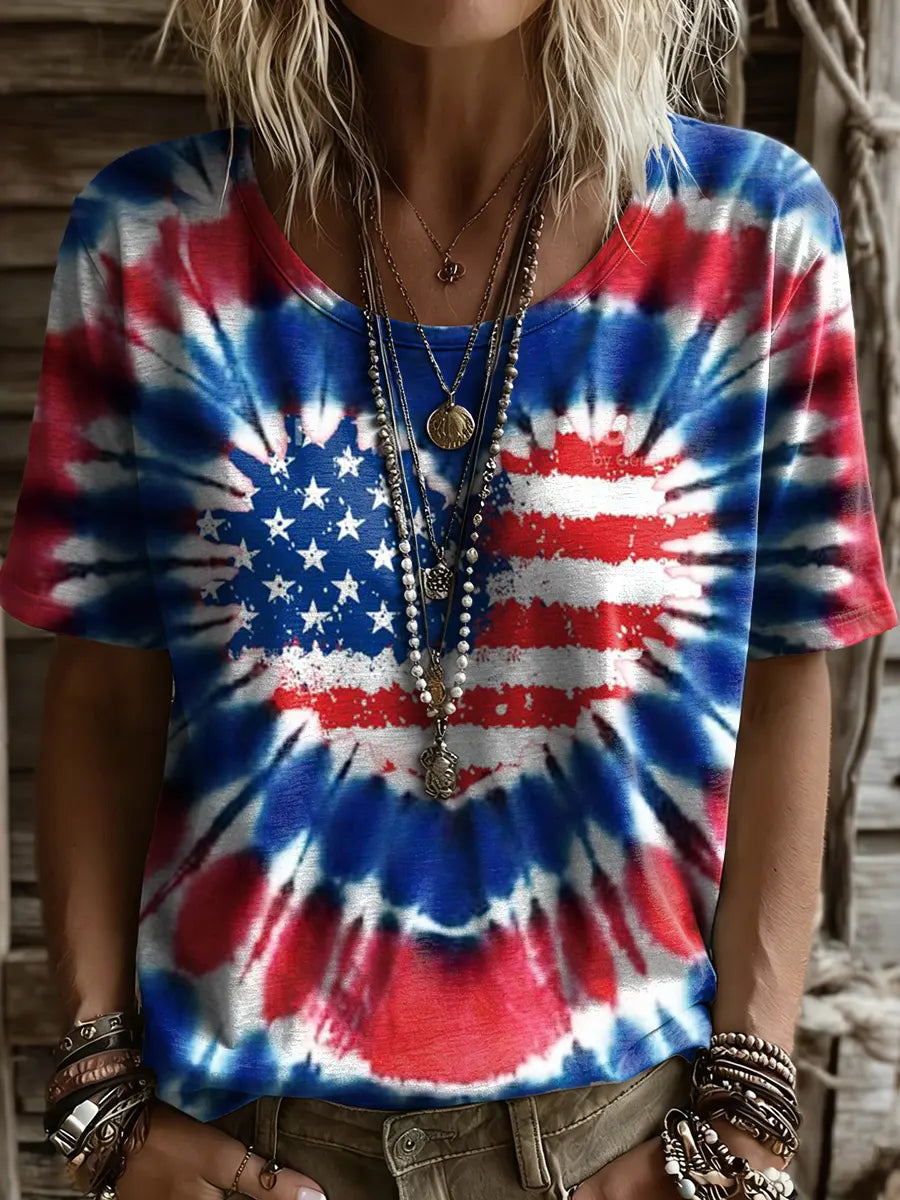 Independence Day Tie-Dye Heart-Shaped Retro Art Print Casual T-Shirt