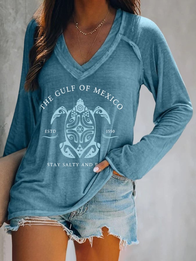 Women's Gulf Of Mexico Print V Neck T-Shirt