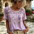 Women's Small Floral And Lace Art Splicing Washed Cotton Linen Casual Crew Neck Top