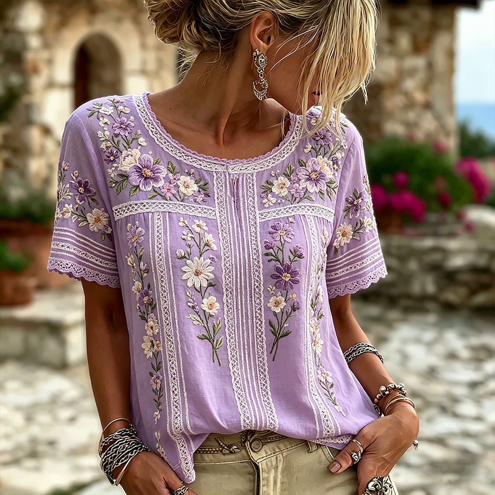 Women's Small Floral And Lace Art Splicing Washed Cotton Linen Casual Crew Neck Top