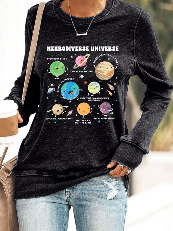 Retro Autism Awareness Neurodiverse Universe Print Sweatshirt