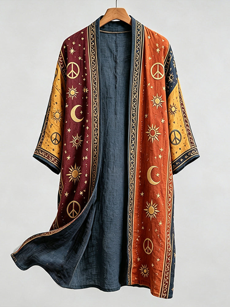 Men's Retro Hippie Peace Crescent Art Pattern Casual Long Cardigan