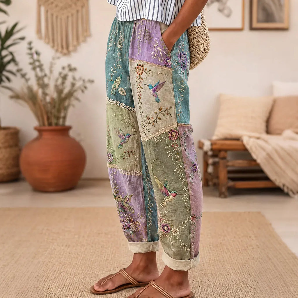 Women's Resort Patchwork Floral And Bird Patchwork Cotton Linen Trousers