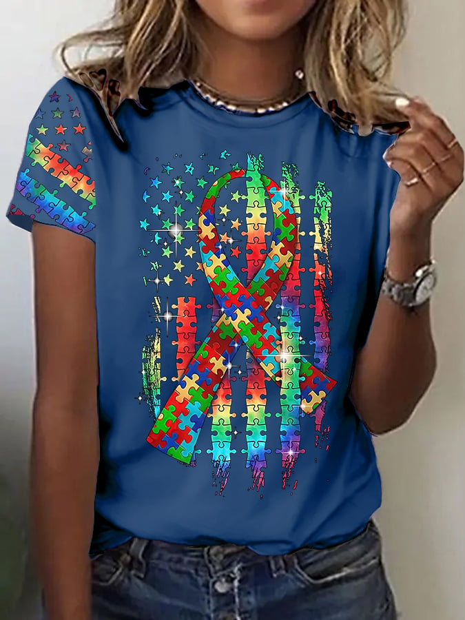 Women’s Retro Autism Awareness Colorful Puzzle Pieces Ribbon American Flag Print Short Sleeve Casual T-Shirt