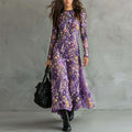 Elegant Violet Wildflower Embroidery Art Flowy Maxi Dress