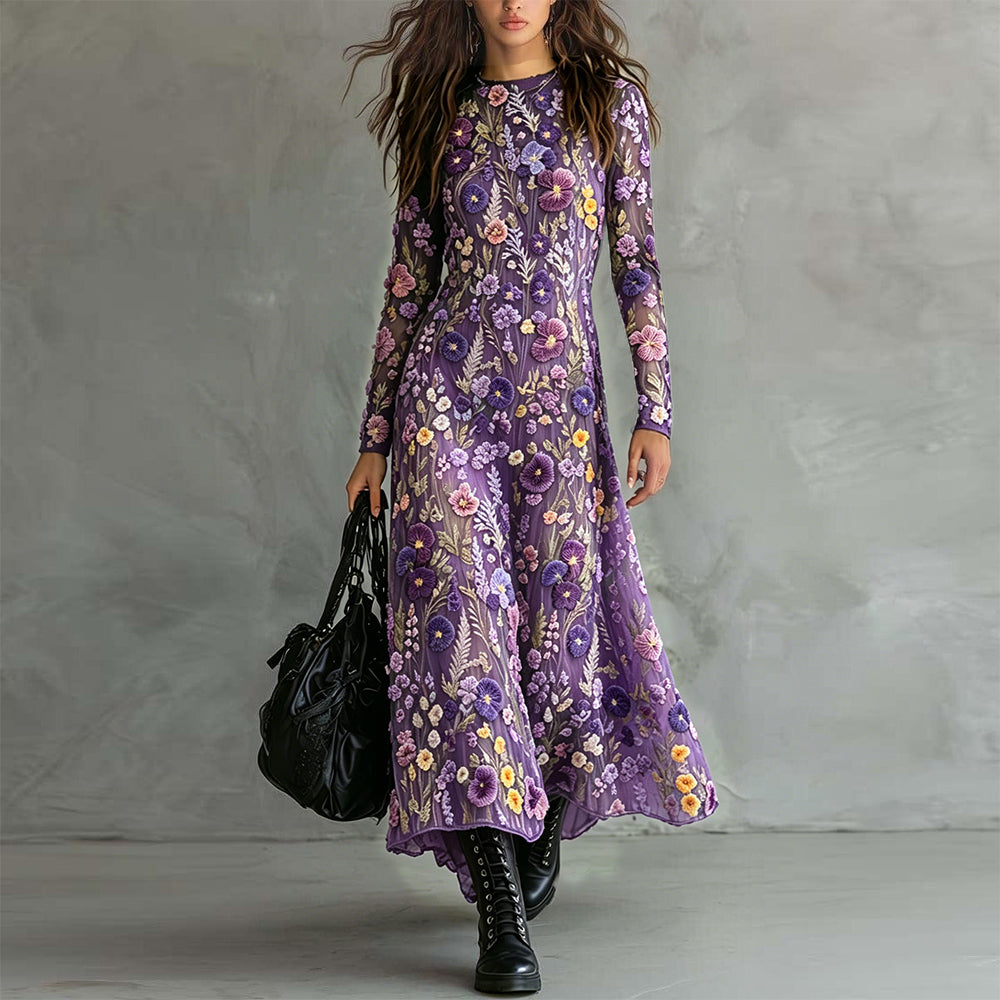 Elegant Violet Wildflower Embroidery Art Flowy Maxi Dress