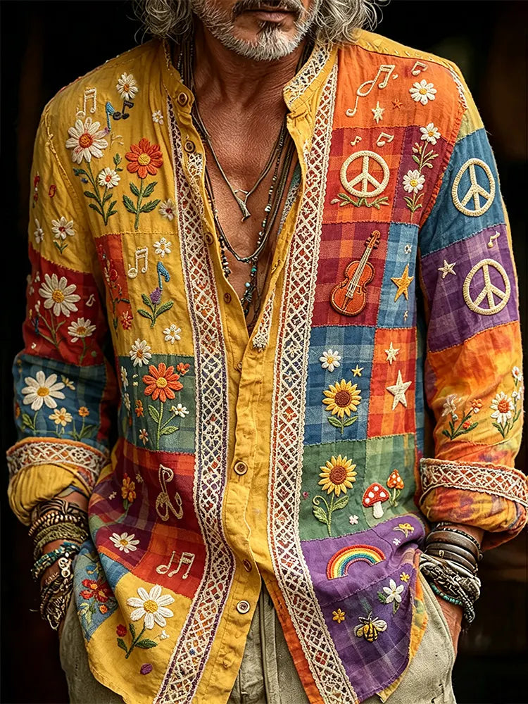 Men's Peace Symbol And Music Hippie Collage Art Print Casual Shirt