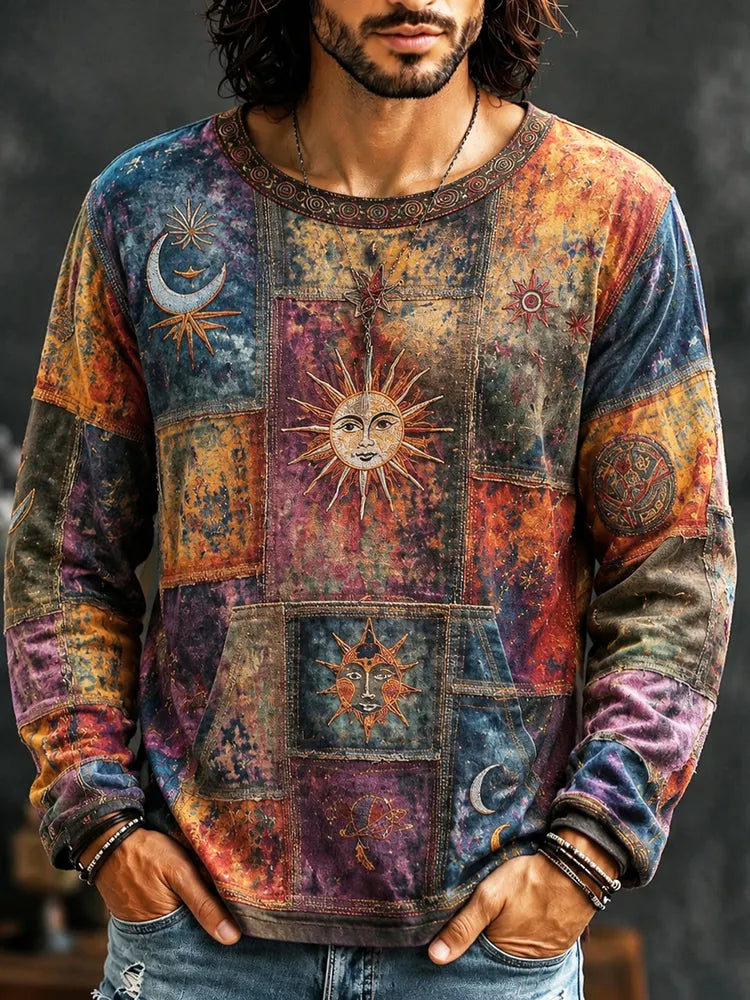 Men's Boho Sun And Moon Hippie Art Print Long Sleeve T-shirt