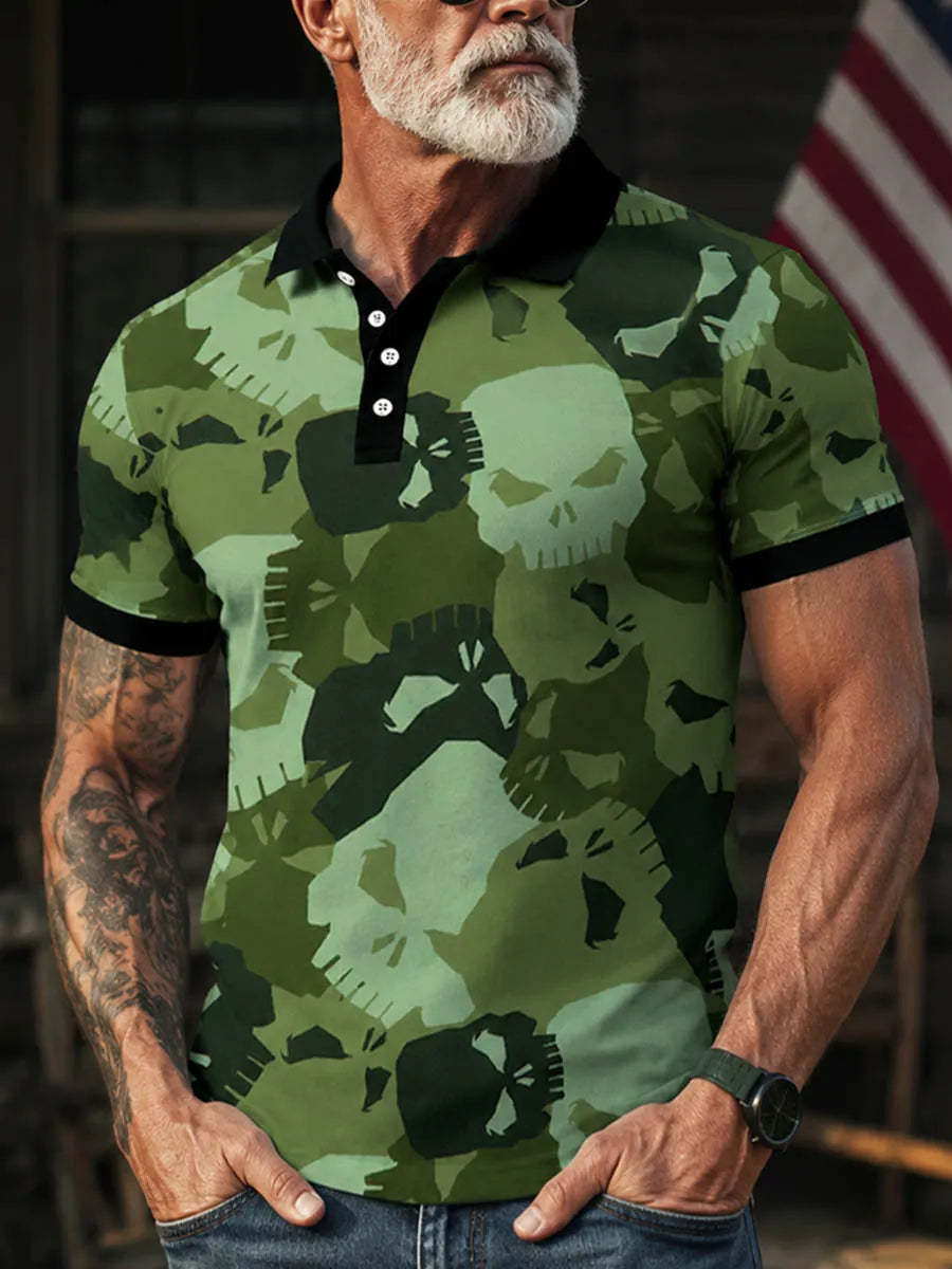 Men's Skull Camo Print Polo Shirt