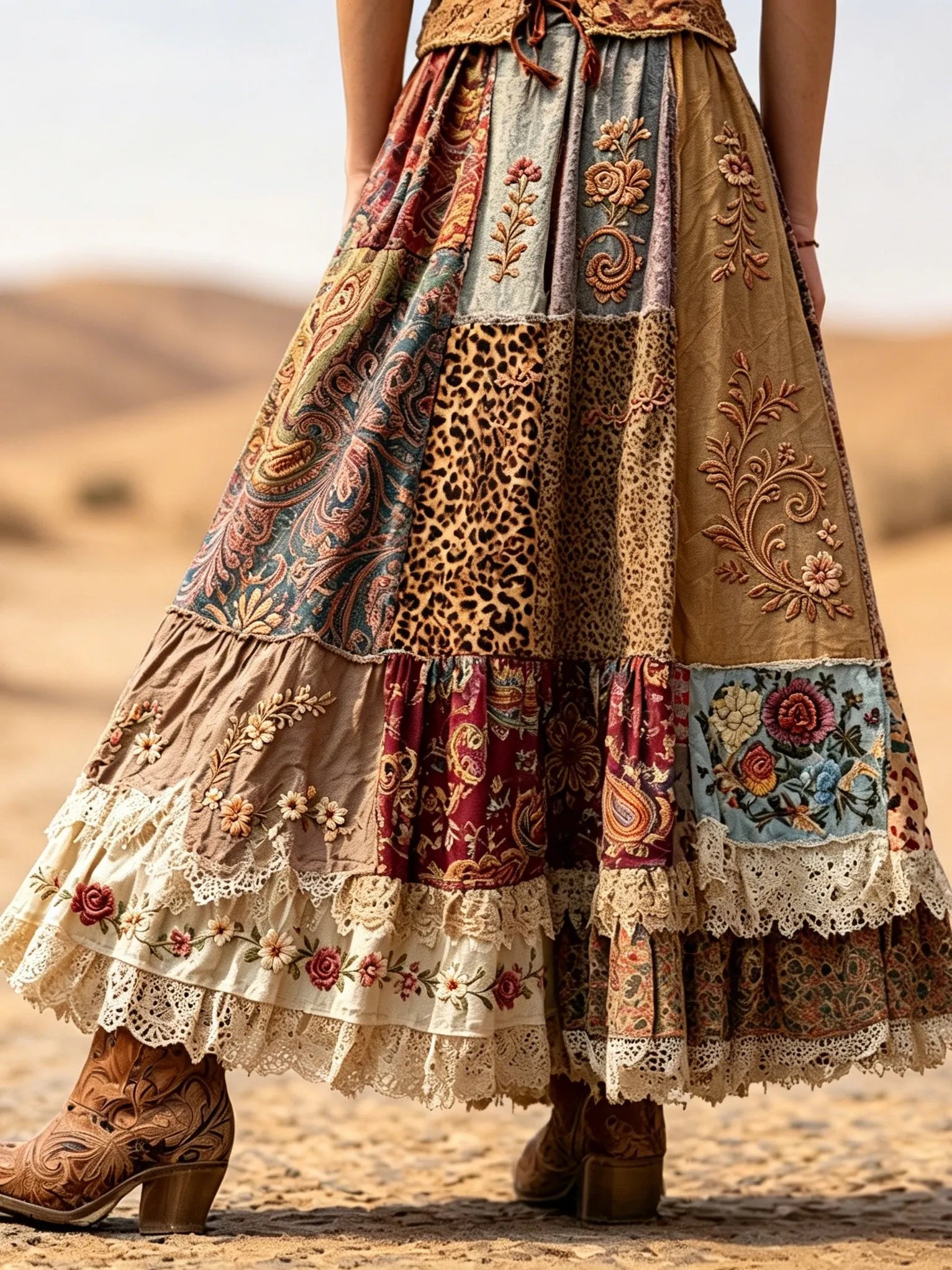 Women's Retro Western Style Leopard Print And Floral Embroidery Print Midi Skirt