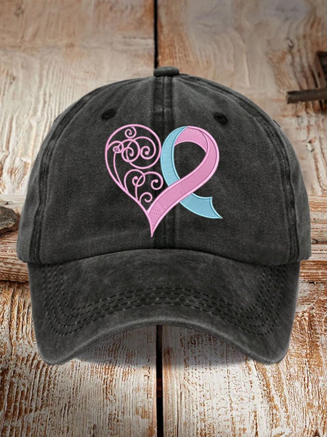 Unisex Distressed Washed Cotton Breast Cancer Ribbon Heart Printed Hat