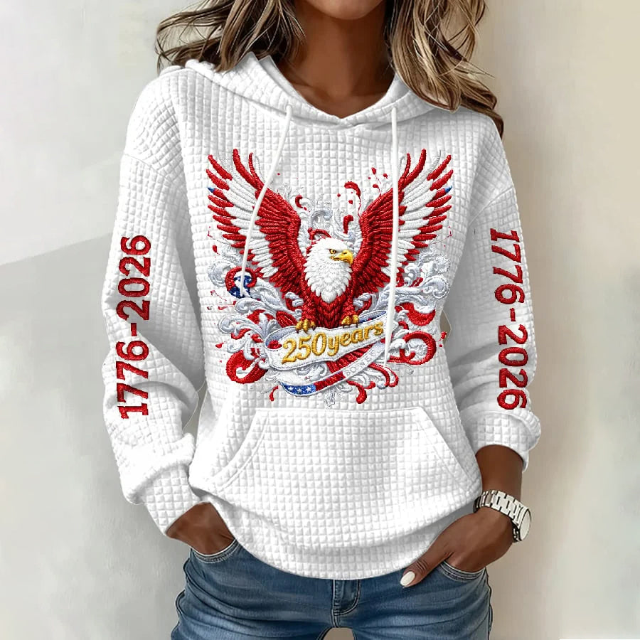 Women's casual hoodie with American 250th anniversary print.