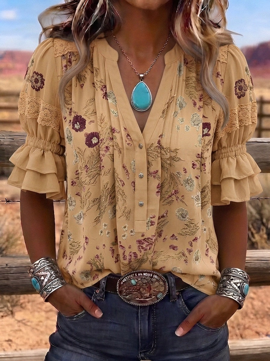 Women's Western Vintage Floral Lace Trim Printed Blouse