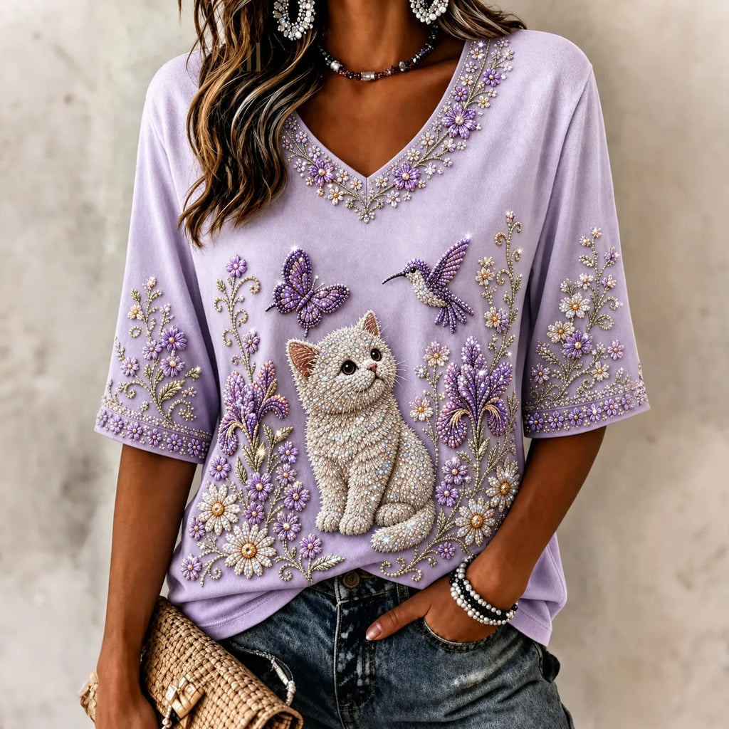 Women's Vintage Purple Floral Cat Art Flowy Linen Blend Three Quarter Sleeves T-shirt