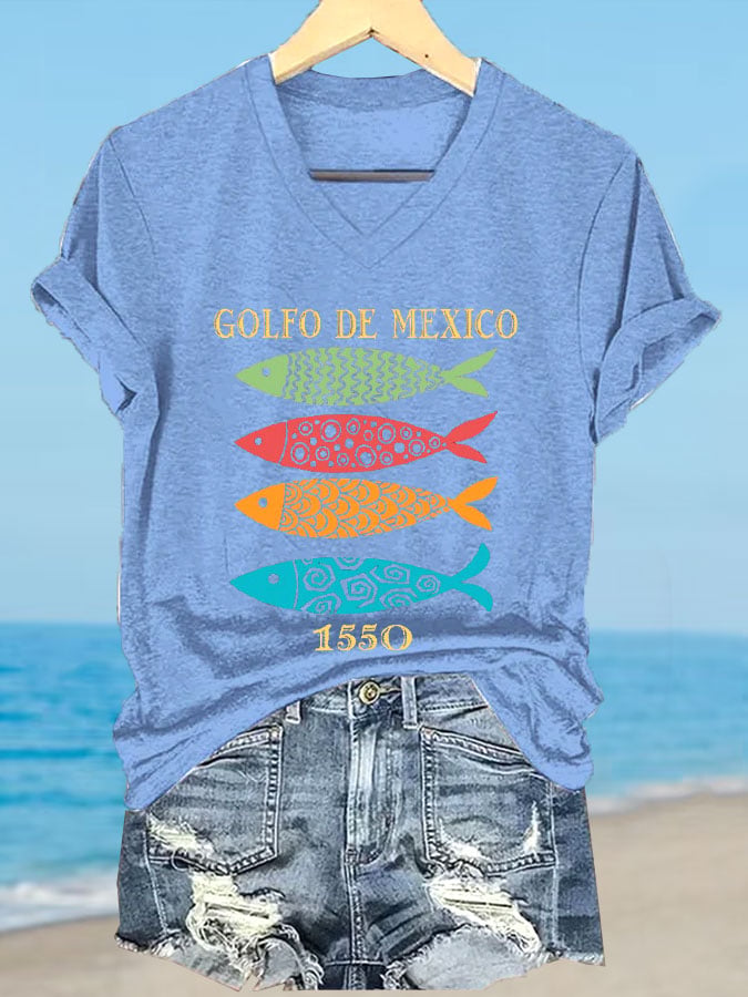 Women's Gulf of Mexico Print V-Neck T-Shirt