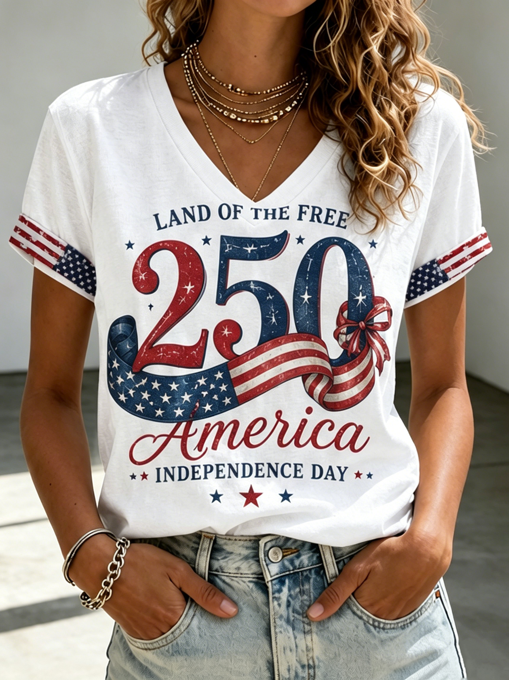 Women'S Independence Day Print Casual V-Neck T-Shirt