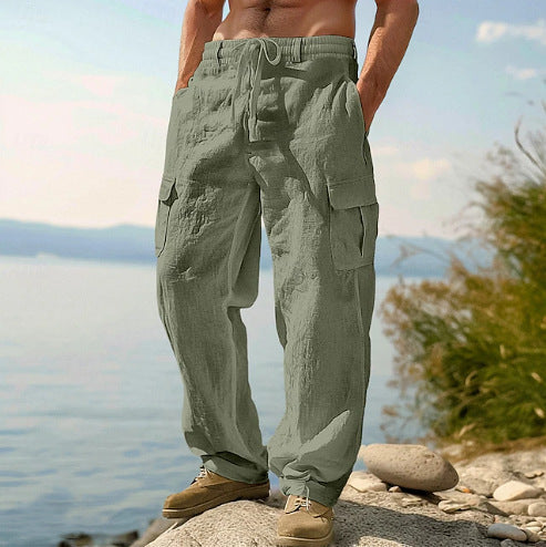 Men's Linen Cargo Pants Drawstring Multi-Pocket Straight Leg Breathable Outdoor Beach Classic Casual Long Pants