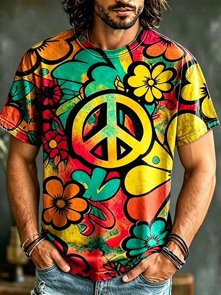 Men's Retro Hippie Peace Logo Floral Print Casual T-shirt
