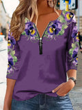 Women's Alzheimer's Awareness Purple Floral Zipper Print T-Shirt