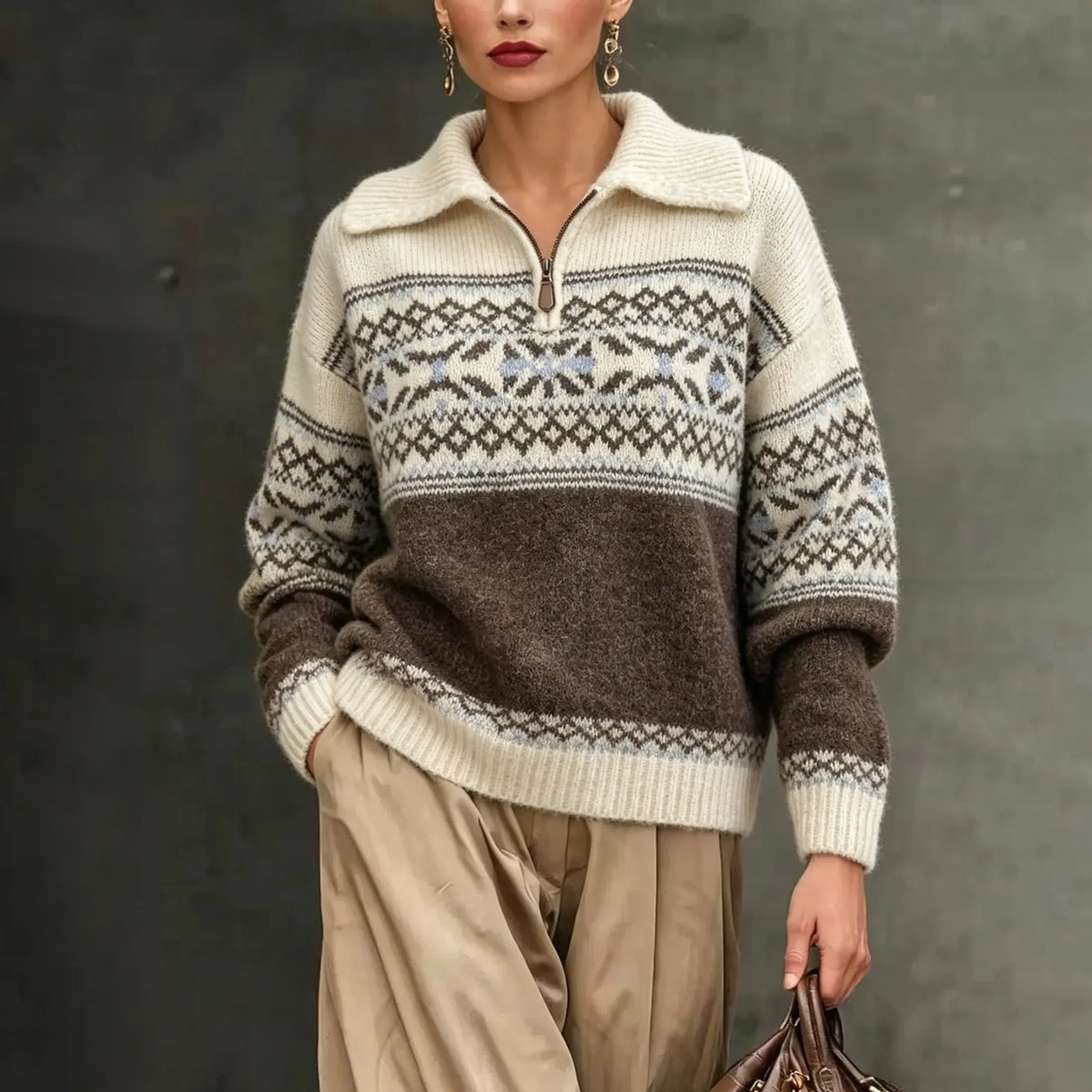Fair Isle Collar Vintage Zipper Long-sleeve Jacquard Sweater