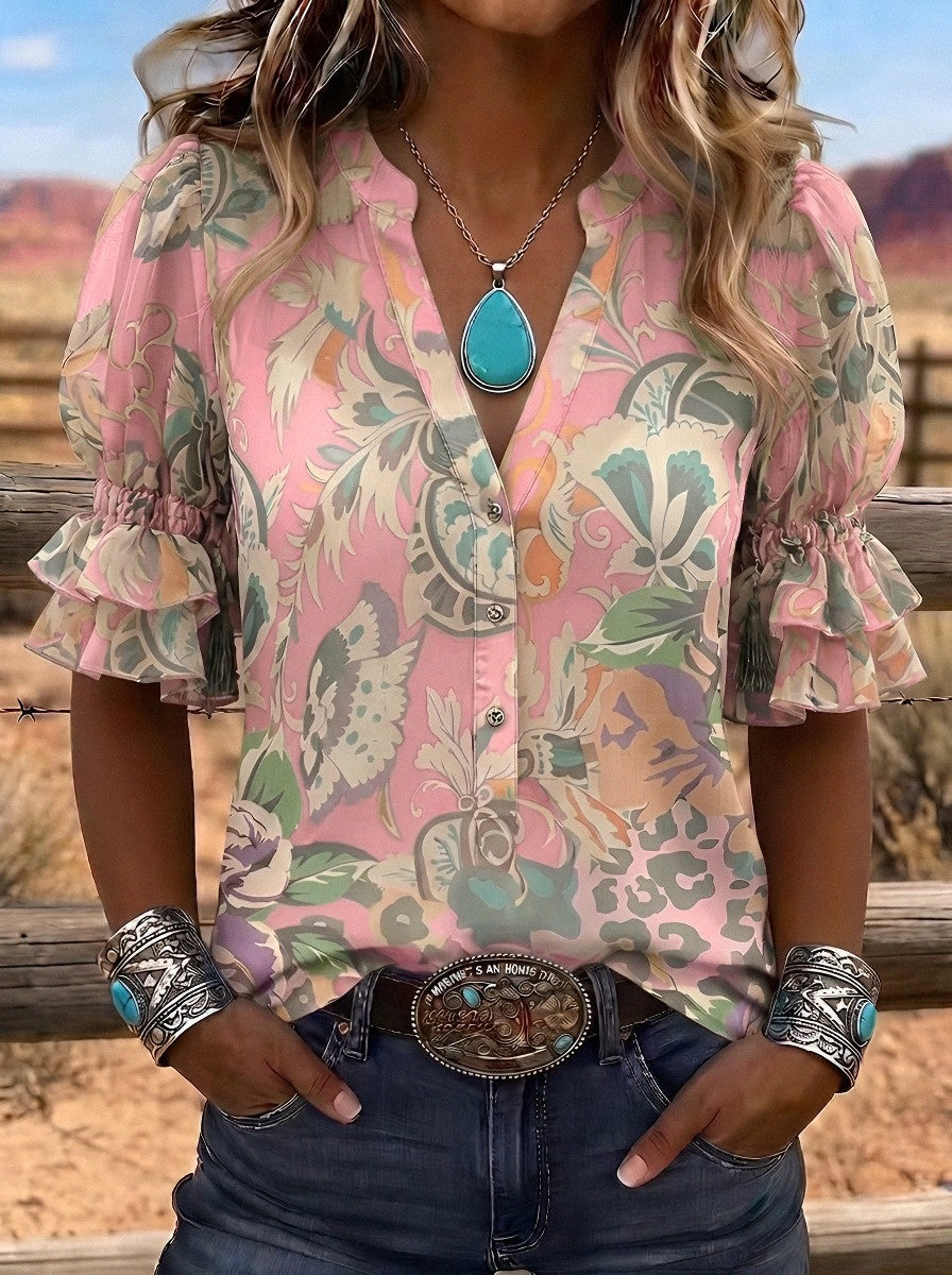 Women's Western Vintage Floral Paisley Printed Blouse
