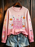 Women's "October Pink Ribbon" Breast Cancer Prevention Campaign Halloween Casual Regular Sweatshirt