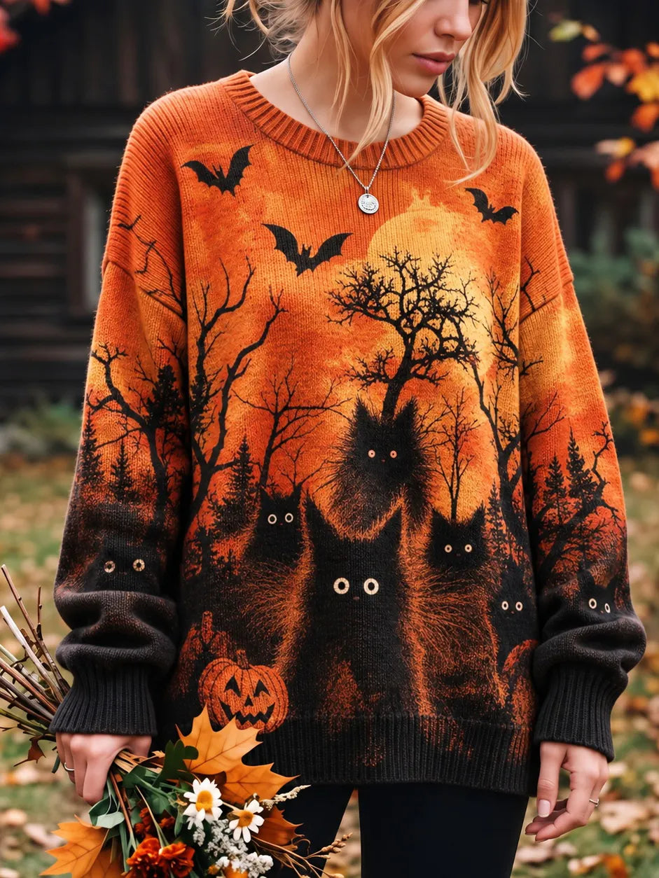 Women's Halloween Black Cat Print Knitted Comfort Round Neck Sweater