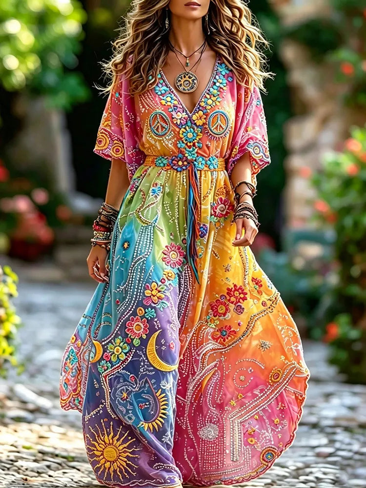 Women's Retro Hippie Floral Peace Symbol Embroidered Cotton Linen V-neck Short Sleeve Long Dress