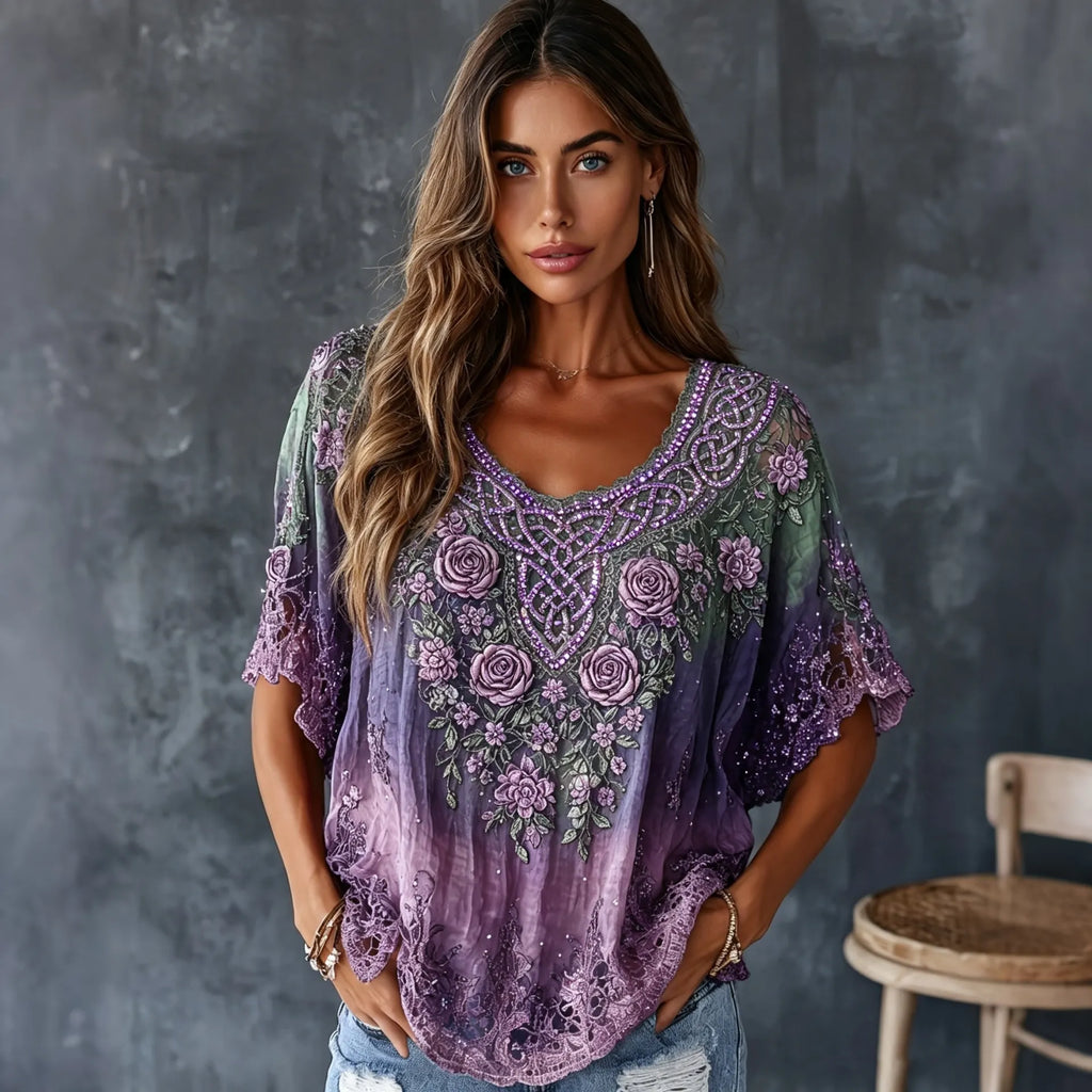 Women's Retro Celtic Knot Floral Gradient Pattern Casual Crew Neck T-shirt