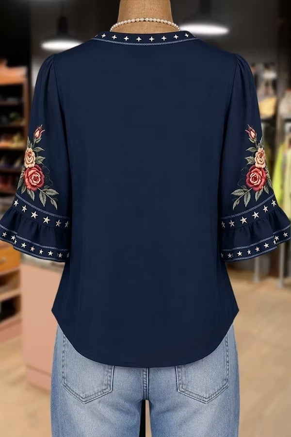 American Flag Floral Print Notch Neck Ruffle Sleeve Blouse