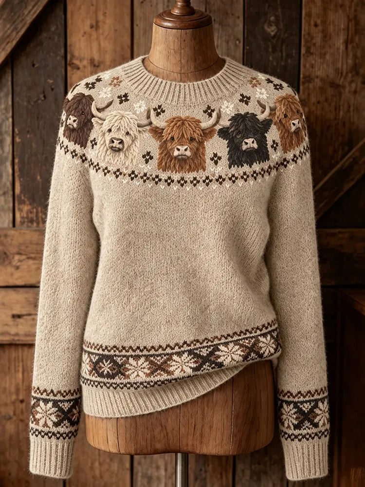 Women's Retro Highland Cow Ethnic Patterns Cozy Fair Isle Style Knit Sweater