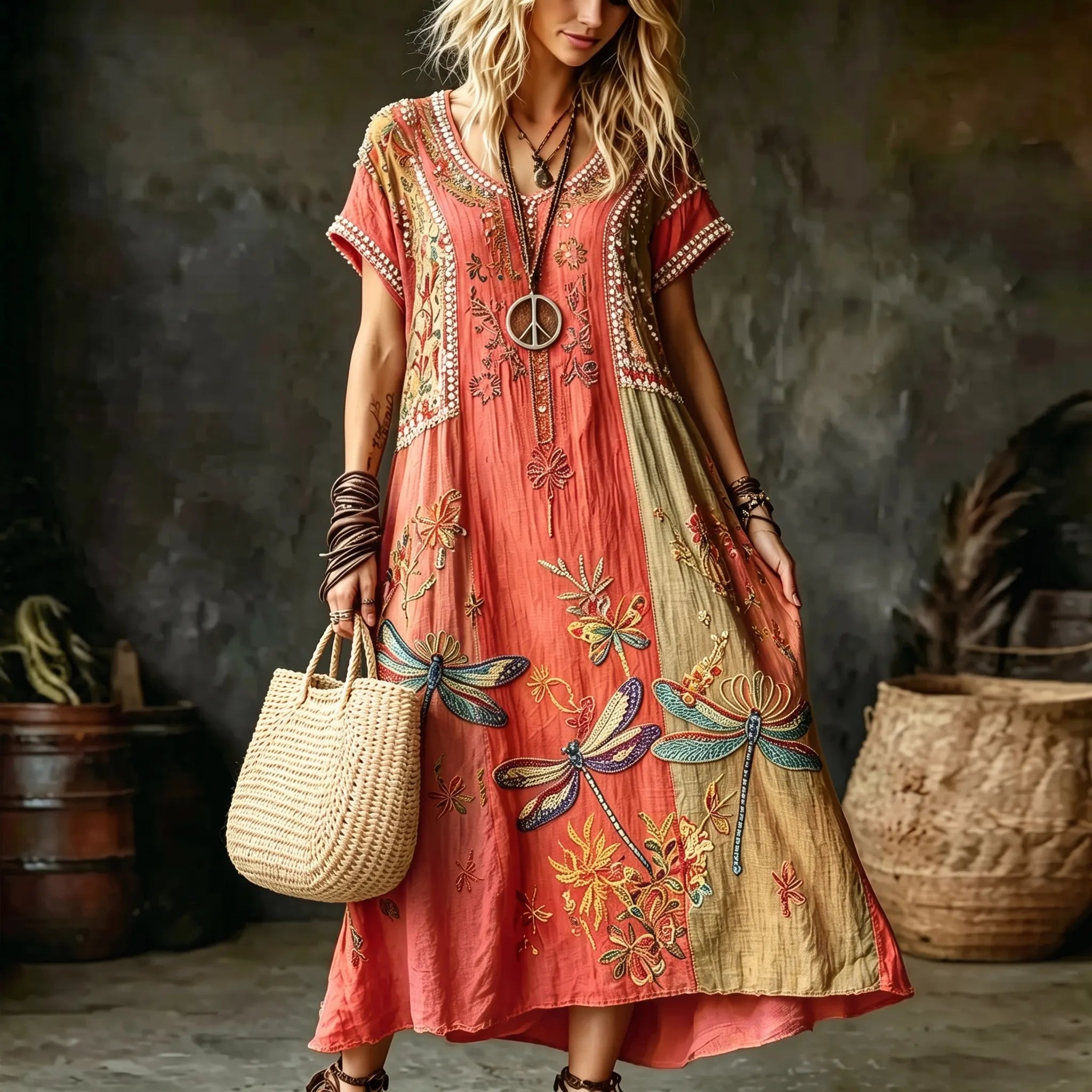 Women's Vintage Hippie Floral And Dragonfly In Patchwork Pattern Art Embroidered Linen Blend Maxi Dress