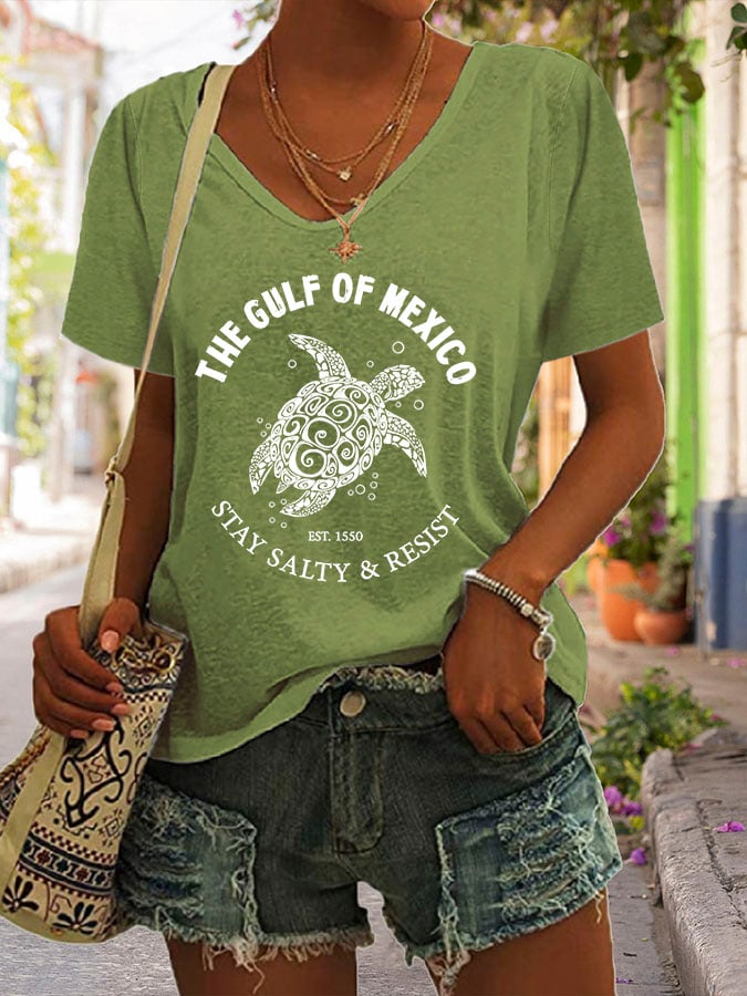 Women's The Gulf Of Mexico Print V Neck Casual T-Shirt