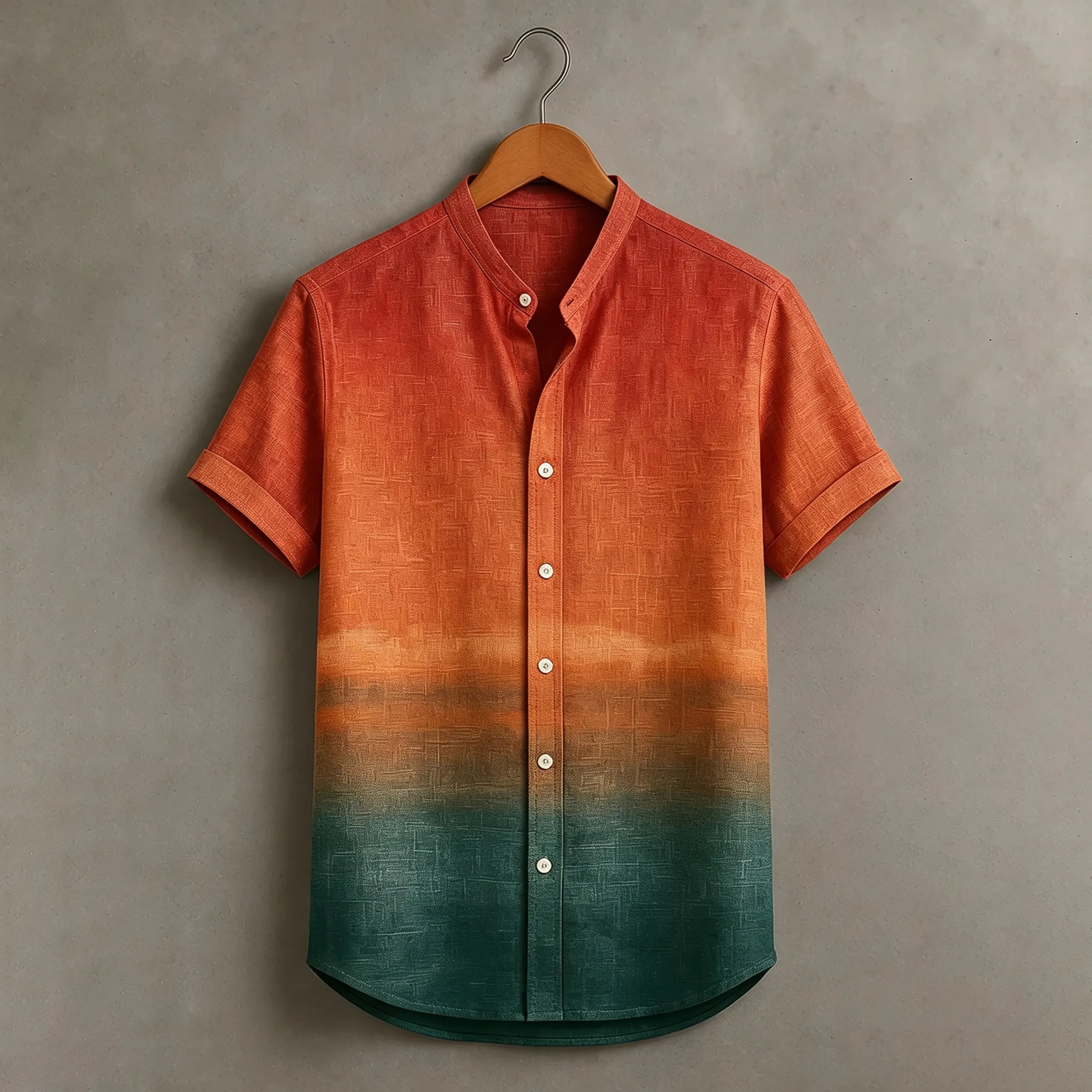 Abstract Geometric Sunset Gradient Ombre Rust Teal Art Print Men's Short Sleeve Button Up Shirt